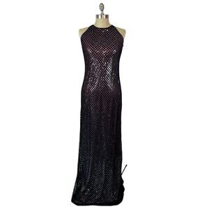 90’s Y2K Rampage Black Overlay Metallic Silver Halter Maxi Occasion Dress (Sz M)